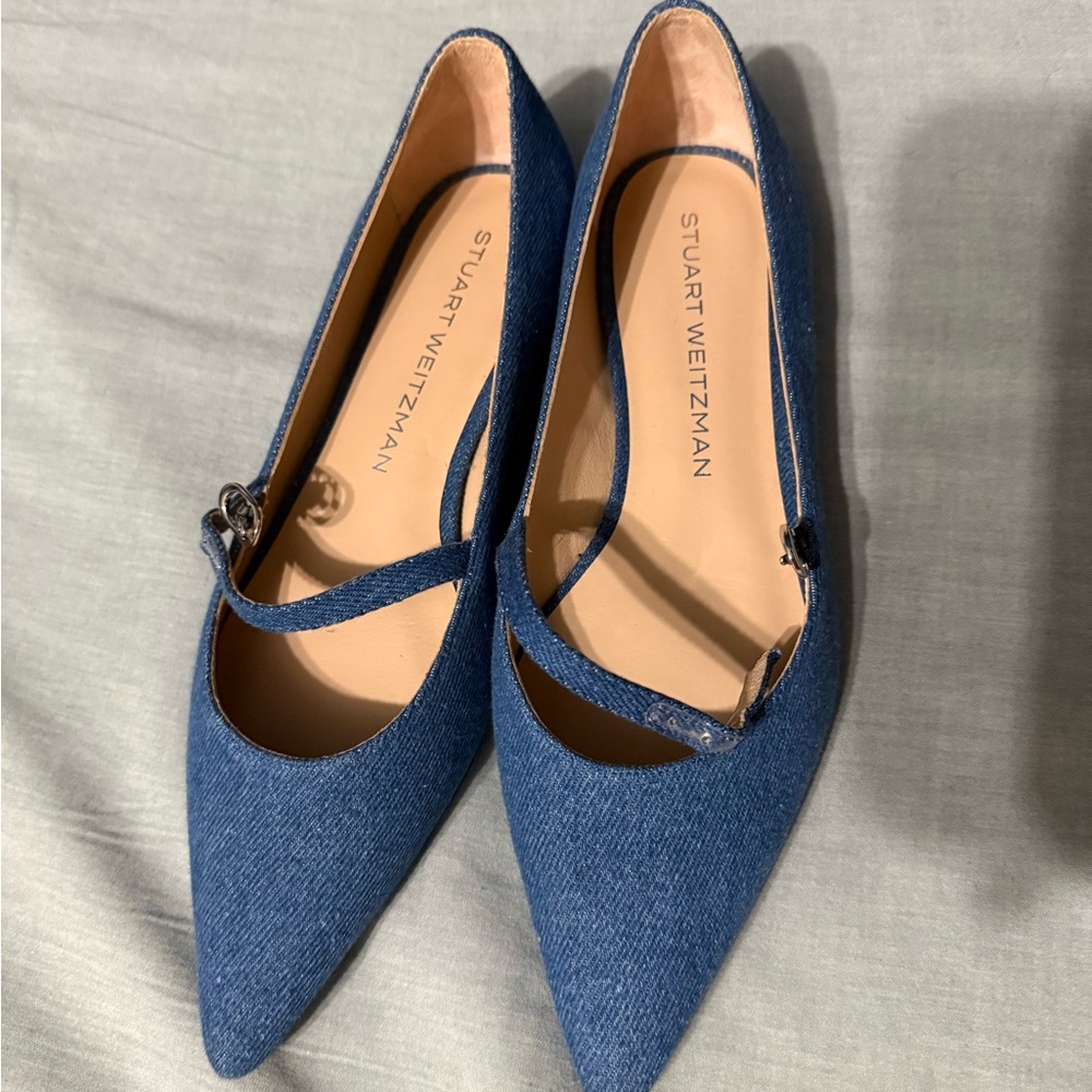 Stuart Weitzman Emilia Denim Blue Pointed-Toe Mary Jane Flats - Picture 2 of 8